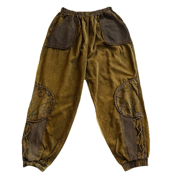 junguo Pants - Y2K Gorpcore Utility Pants-Embroidered Patchwork Mesh Pockets-Earthy Brown-M